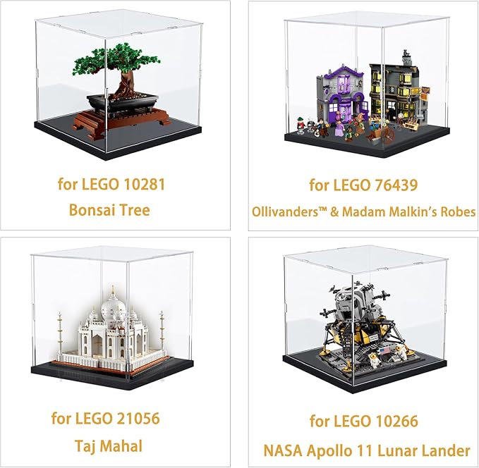 Thickened Clear Acrylic Display Case for Lego 10281 21056 76439 10266 Collectibles, Self-assembly Transparent Box Dustproof Protection with Wood-Plastic Base & String Light, Black Inside 9.8x9.8x9.8in