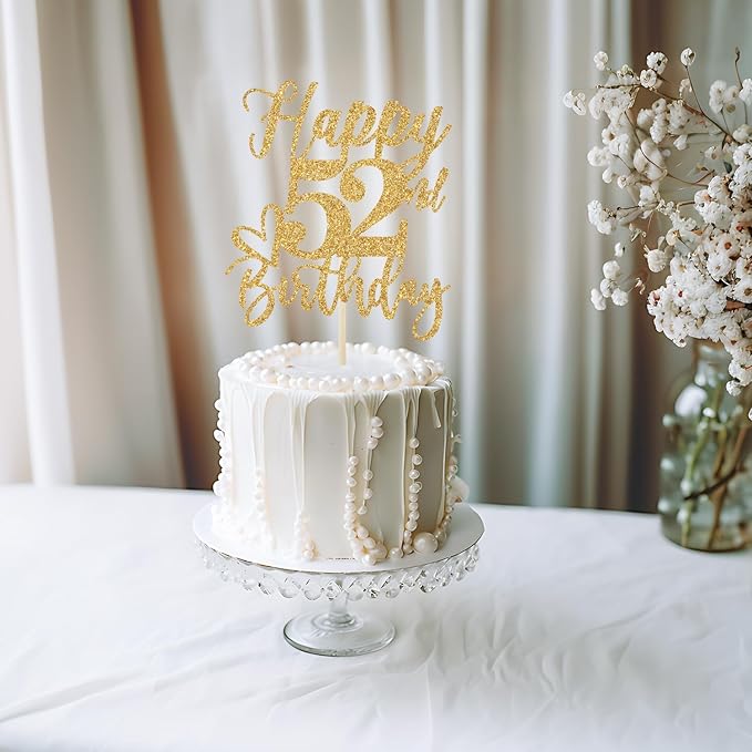 Happy 52nd Birthday Cake Topper, 52 Birthday Decorations for Women/Men, Cheers to 52 Years, Hello 52, 52nd Happy Birthday Party Supplies Gold Glitter