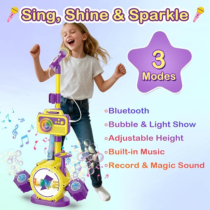 Bluetooth Kids Karaoke Microphone with Adjustable Stand, Karaoke Machine for Kids with Bubble Maker，Vioce Changer, Colorful Lights - Microphones for Singing Christmas, Birthday Gifts for Girls, Boys