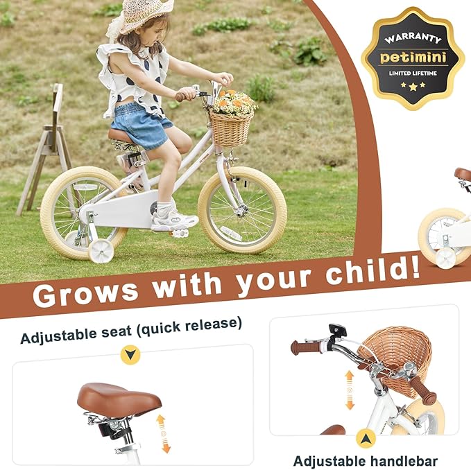 Petimini Vintage Kids Bike for Girls, 12–20 Inch Classic Bicycle with Wicker Basket & Bell, High Tensile Steel Frame, Training Wheels (12–18”), 85% Pre-Assembled, Retro Bike for Outdoor Riding