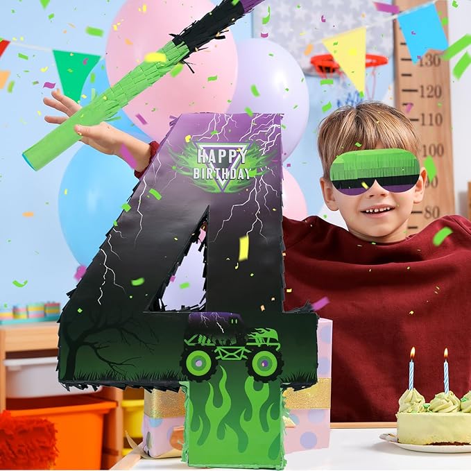 Monster Truck Car Number 4 Pinata for 4th Birthday Party Decorations, Birthday Pinata with Stick Blindfold and Confetti for Green and Purple Party Supplies Celebration (Small, 15.8 x 11.5 x 2.45 In)