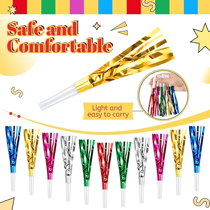 Sumind 24 Pcs Multicolor Noise Makers Glitter Noise Makers Metallic Fringed Party Blowers for Adults Birthday Graduation Sporting Events 2026 New Years Party Favor Supplies