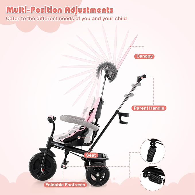 BABY JOY Toddler Tricycle, 7 in 1 Push Trike w/Adjustable Canopy, Parent Push Handle, Seat & Footrests, 5-Point Safety Harness and All-Terrain EVA Wheels, Kids Stroller Bike for 9-60 Months (Pink)