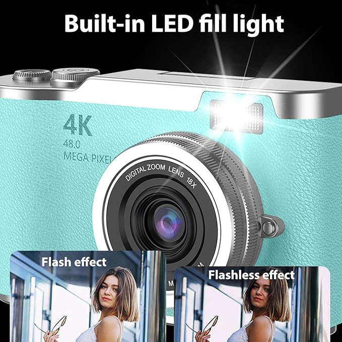 Denash Foldable Screen Kids and Beginners Camera,4K Digital Camera for Photography,48MP Digital Foldable Support 16X Zoom with Flip Scree (Green)