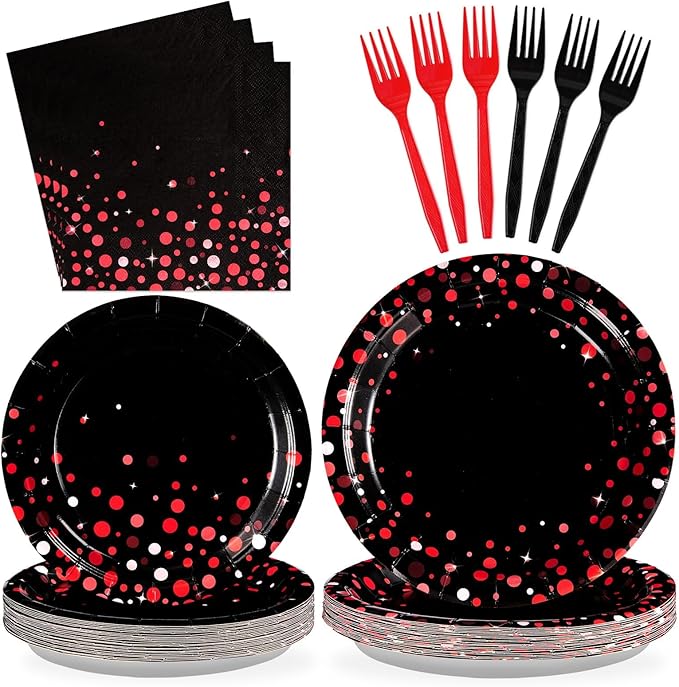 Grencian 96Pcs Black and Red Party Decorations Red Dot on Black Plates and Napkins Disposable Tableware Set for Birthday Baby Shower Wedding Party Supplies, Serves 24