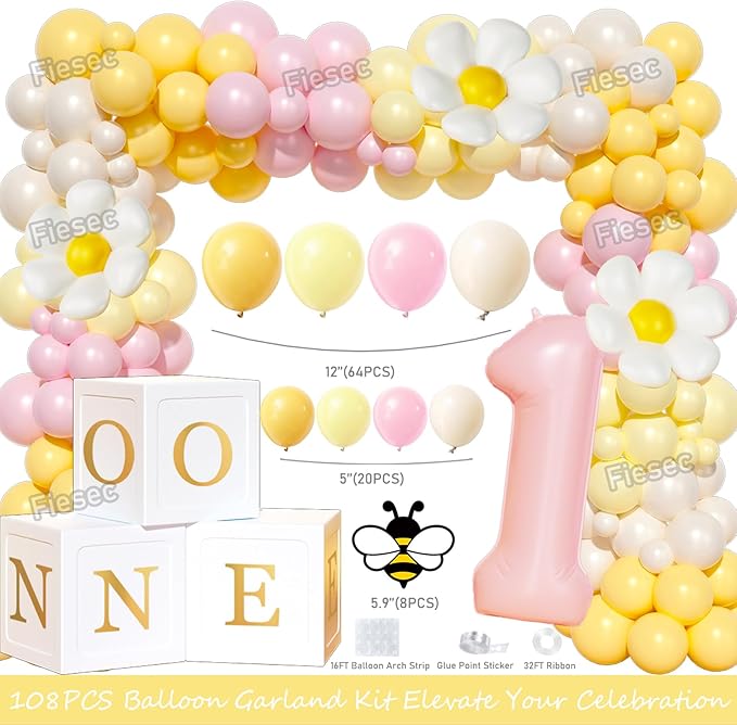 First Bee Day Decorations Girl – 108PCs Honey Bee Themed 1st Birthday Party Supplies with So Sweet to Bee One Backdrop, Banner, Pink Yellow Balloon Garland Kit, Tablecloth