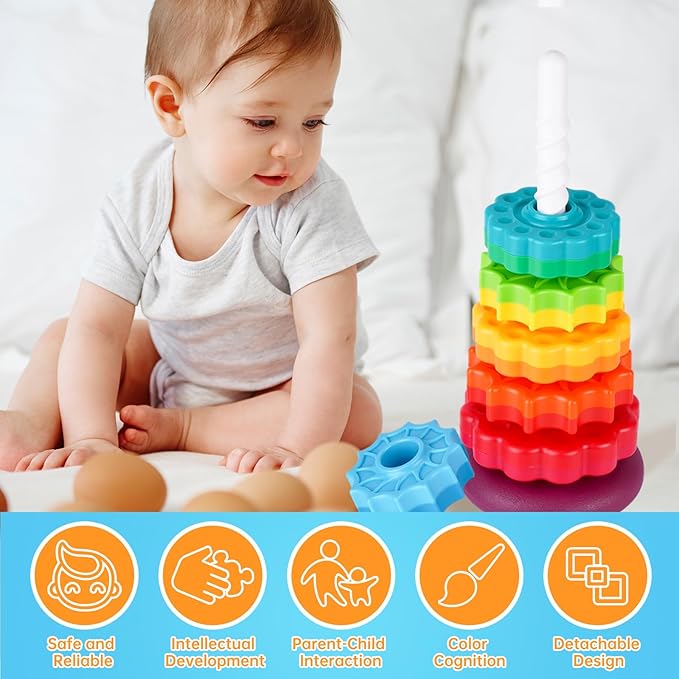 Spinning Stacking Toy for Kids, Rainbow Tower Dual-Color Spinning Wheels Premium Strong BPA-Free ABS Plastic Early Education Fun Learning and Engaging Brain Development Toys (Large 6th Floor)