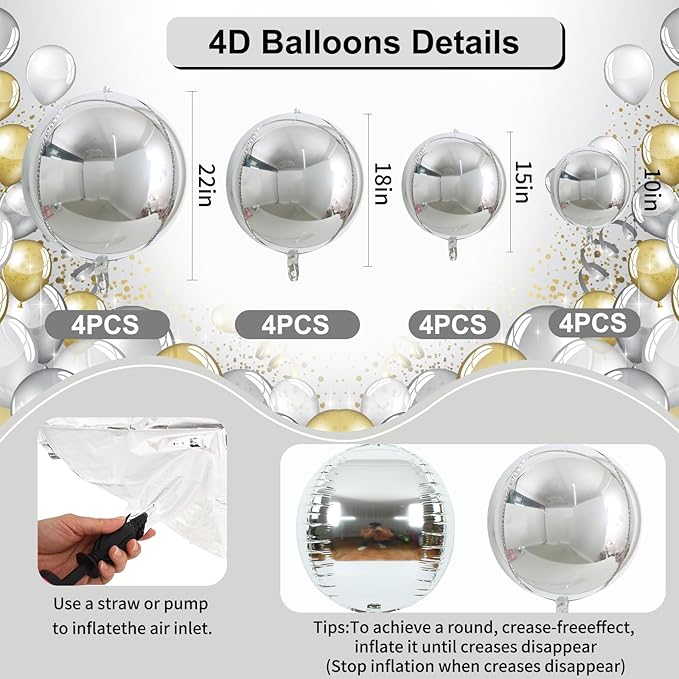 TONIFUL 16Pcs Large Silver 4D Giant Round Foil Balloon 4D Mirror Metallic Mylar Sephere Balloons for Christmas New Year Birthday Party Graduation Wedding Baby Shower Decoration Supplies(Mix Sizes)