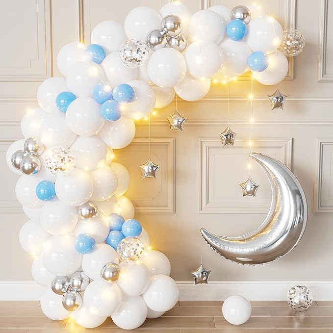 Blue White and Silver Balloons - Over The Moon Baby Shower Decorations with String Lights, Moon and Star Balloon for Boys Girls Twinkle Twinkle Little Star Gender Reveal Decorations