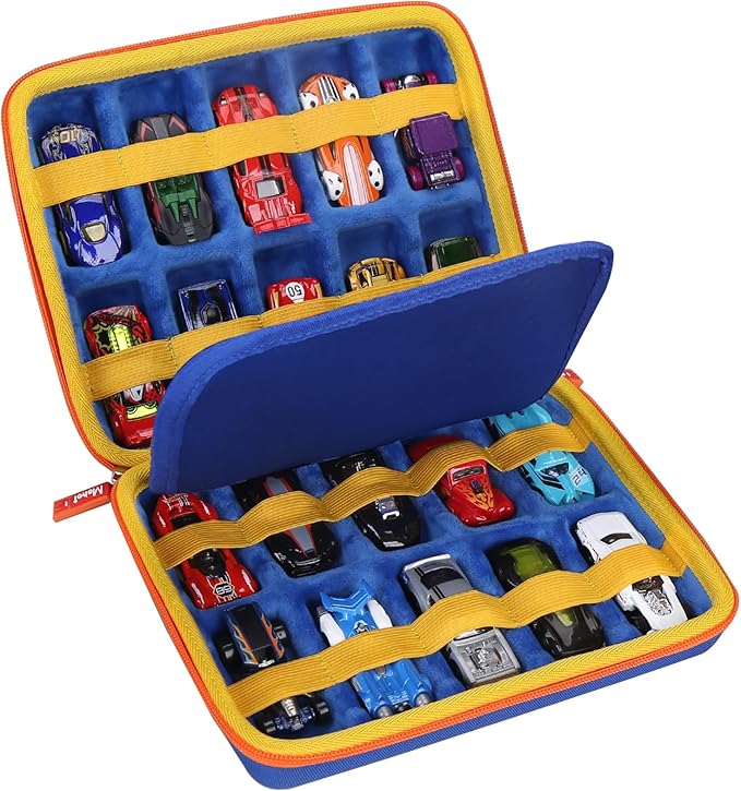Mchoi Shockproof Carrying Case for Hot Wheels 20 Cars, Case Only (Blue, Yellow, Orange Zipper)