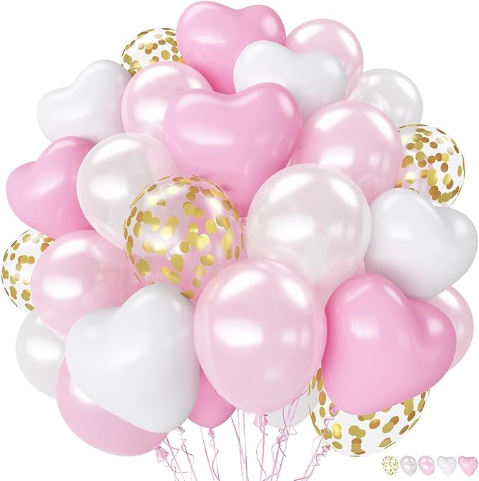 Pink Balloons, 60 Pcs Pastel Light Baby Pink and Pearl White Heart Latex Balloons, 12 Inch Double Stuffed & Gold Confetti Balloon for Girls Women Birthday Wedding Bridal Baby Shower Bachelorette Party