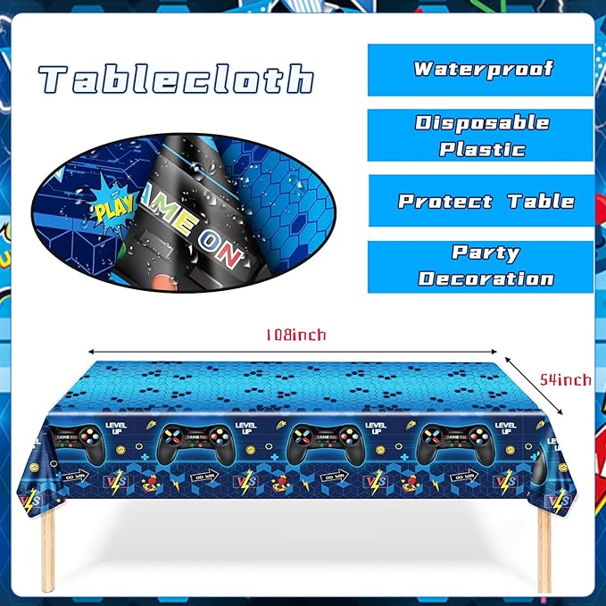 45Pcs Gamer Birthday Party Decorations - Gaming Party Supplies with Backdrop, Banner, Tablecloth, Balloons, Swirls & Cake Toppers for Video Game Theme, Blue