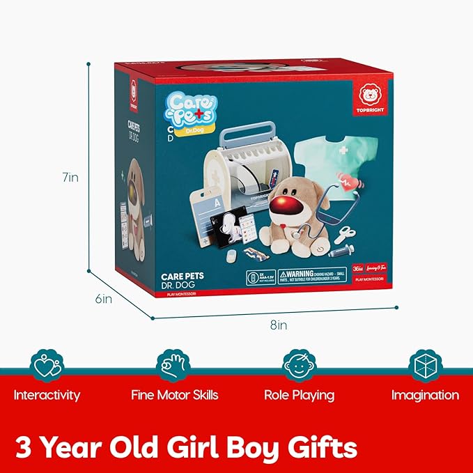TOP BRIGHT Doctor Kit for Toddlers 3-5, Pretend Play Doctor Set with Costume & Wooden Medical Kit, Dress Up Toys for Kids, Role Play Dog Vet Playset, Christmas Birthday Gifts for Girls Boys 3 4 5