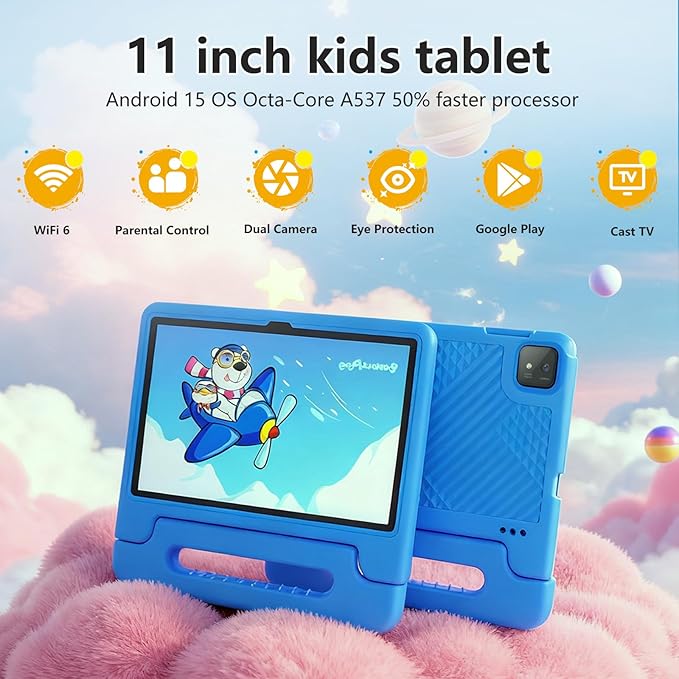 Kids Tablet 11 inch Android 15 20GB + 128GB Octa-Core 8000mAh Todder Tablet with Drop-Proof Case, Parental Control, WiFi 6 and Bluetooth, Blue