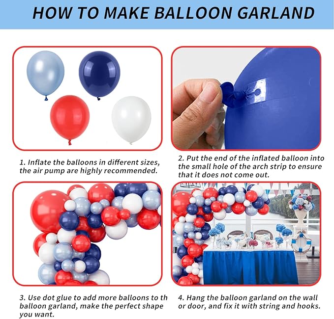 Red Blue White Balloons Arch Garland for Baseball Party Decorations Labor Nautical Balloons Navy Pearl Light Blue Latex Balloon for Hero Birthday Britain Sporting 4th of July Independence Day