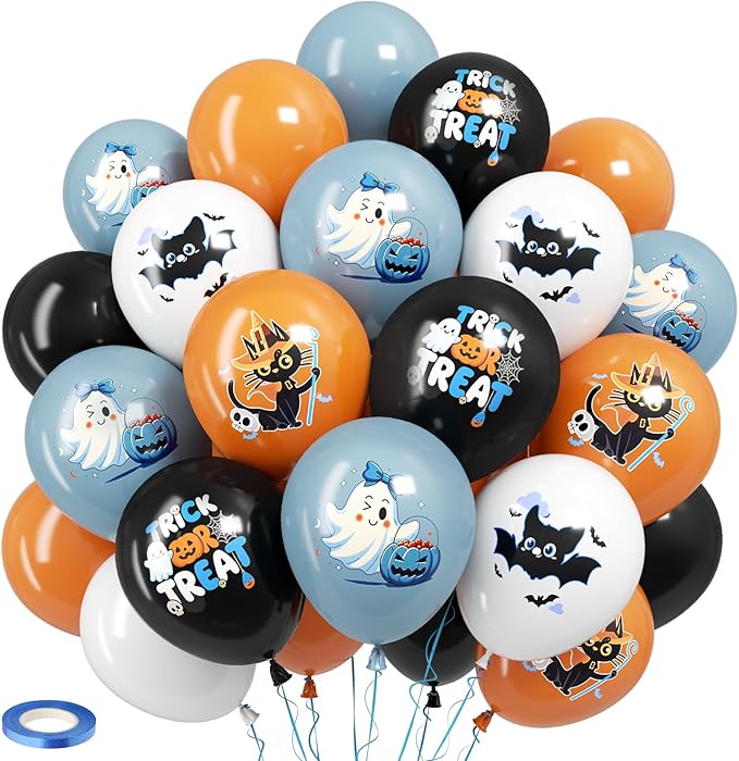 Halloween Party Balloons Decorations,12 Inch Blue and Orange Balloons Set Baby Blue White Print Balloon Cute Balloon for Halloween Themed Party Supplies