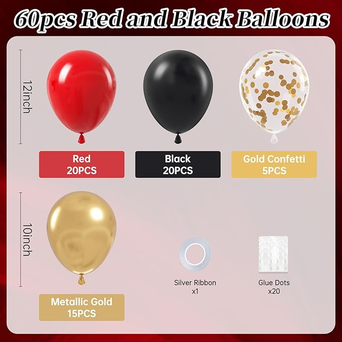 Red Black and Gold Balloons, 60pcs 12inch Red Black Gold Confetti Balloons for Birthday Casino Party Decorations