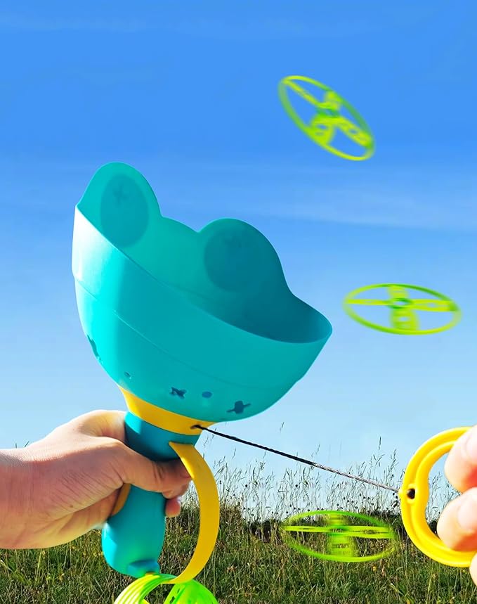Disc Launcher Toy Kids Yard Flying Spinner Fairy Hover Helicopter Propeller Toy Outdoor Capture Catching Chasing Game Gift for Boy Girl Age 4 5 6 7 8 9 10 with 12 mini Discs