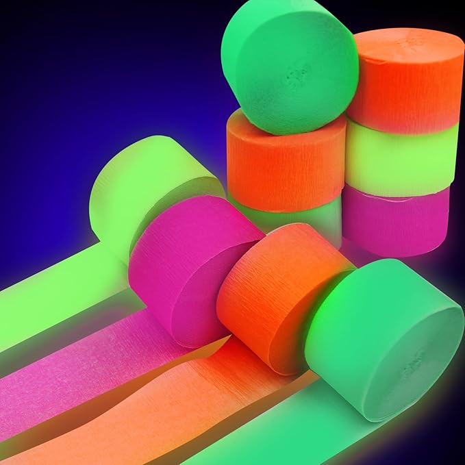 800Feets Neon Glow in The Dark Party Supplies - UV Reactive Fluorescent Crepe Paper Streamers for Wedding, Birthday, Fiesta Decorations