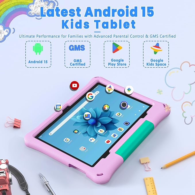 Kids Tablet: 10 Inch Android 15 Tablet for Kids, 64GB Octa-Core 6000mAh Battery, WiFi 6, Pre-Installed Kids Apps, Parental Control with EVA Protective Case - Ideal Gift for Toddler, Pink