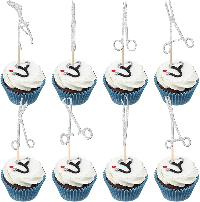 24 PCS Surgical Tool Cupcake Toppers Glitter Surgeon Party Cupcake Picks Surgical Doctor Graduation Cake Decorations for Surgeon Sterile Processing Tech Tool Theme Birthday Party Supplies Silver