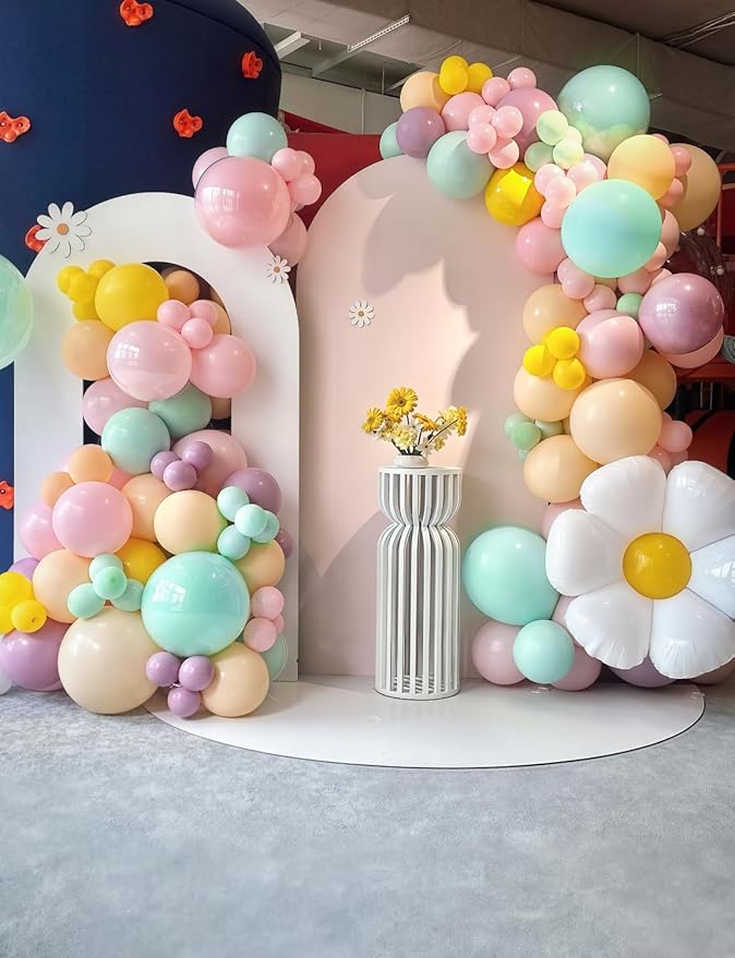 Daisy Balloon Arch Garland Kit - 148 Pcs Groovy Pastel Balloon Arch with Flower Balloons in Purple, Blue, Orange, Yellow for Boho Girl Birthday, Baby Shower, Wildflower Party Decorations