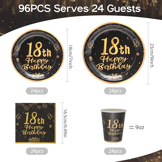 96Pcs 18th Birthday Party Decorations for Men Women Black and Gold Paper Plates and Napkins Cups 18th Birthday Party Supplies, Serves 24