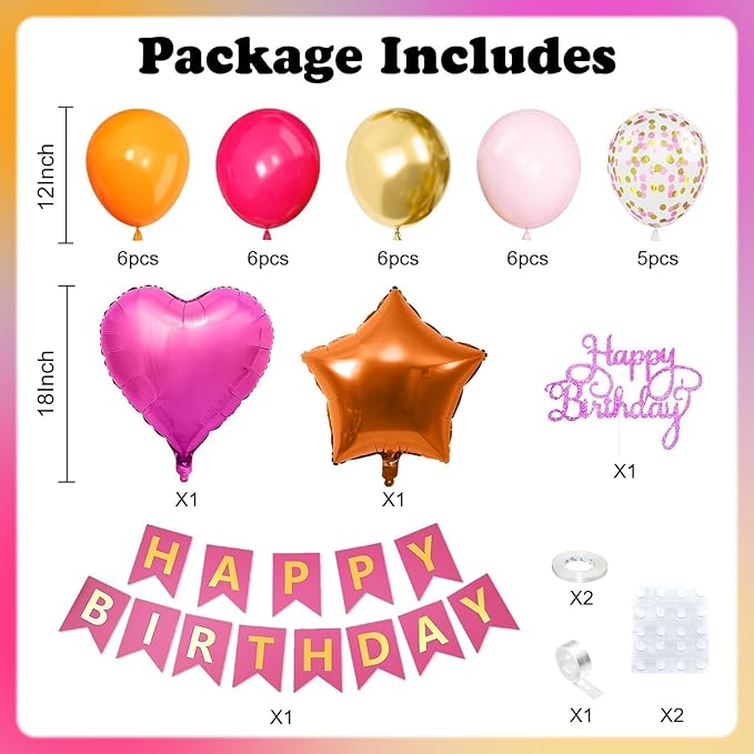 Pink Orange Party Decorations,Hot Pink Gold Birthday Decorations Happy Birthday Banner Cake Topper Star Heart Foil Balloon for Girls Women Kids Party Decor