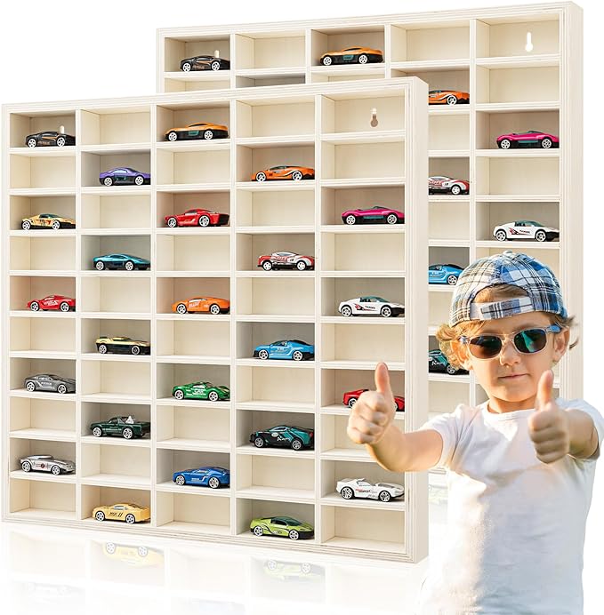 2 Pcs 50 Space Toy Cars Wheels Display Case 1: 64 Scale Model Cars Display Shelf Wooden Wall Mounted Die Cast Car Storage Rack for Gift Collectibles Toy Figurines Tiny Cabinet