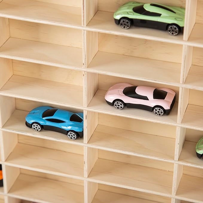 1:64 Scale Toy Car Display Case Organizer Storage, Wooden Wheel Rack Wall Mounted with 48 Compartments, Stylish Diecast Car Display Rack for Toy Car, Collectibles, Figurines (58.5x5x47.5cm)