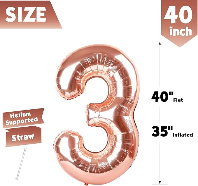 40 Inch Rose Gold Number 3 Balloon, Giant 3 Number Balloons for 3rd Birthday Decorations, Party Supplies for Baby Boy Girl, Rose Gold Party Decor