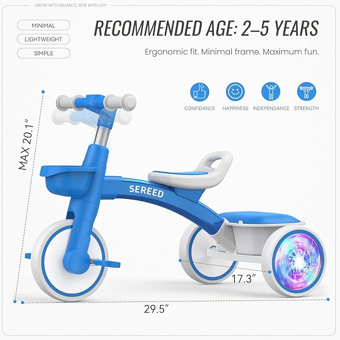 SEREED Colorful Lighting Toddler Tricycle for 2-5 Years Old Boys Girls, Adjustable Seat&Handlebar Trike, Removable Basket, Birthday Gift Idea for Kids Ages 2+ (Blue)