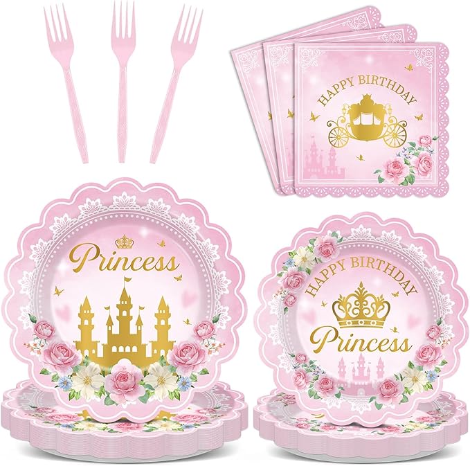 96pcs Princess Birthday Party Decorations Pink Princess Scalloped Plates Napkin Tableware Set Pink Floral Gold Castle Fairytale Disposable Tableware for Girls Birthday Baby Shower Party Supplies Favor