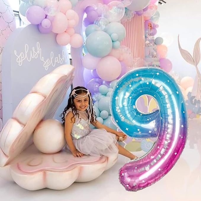 Mermaid Starry Number 9 Balloons, 40 Inch Large Purple Blue Pink Foil Number Balloons Set 0-9 for Girls, Globos de Numero 9 Helium Balloon for 9th Age Birthday Anniversary Party Decorations Supplies
