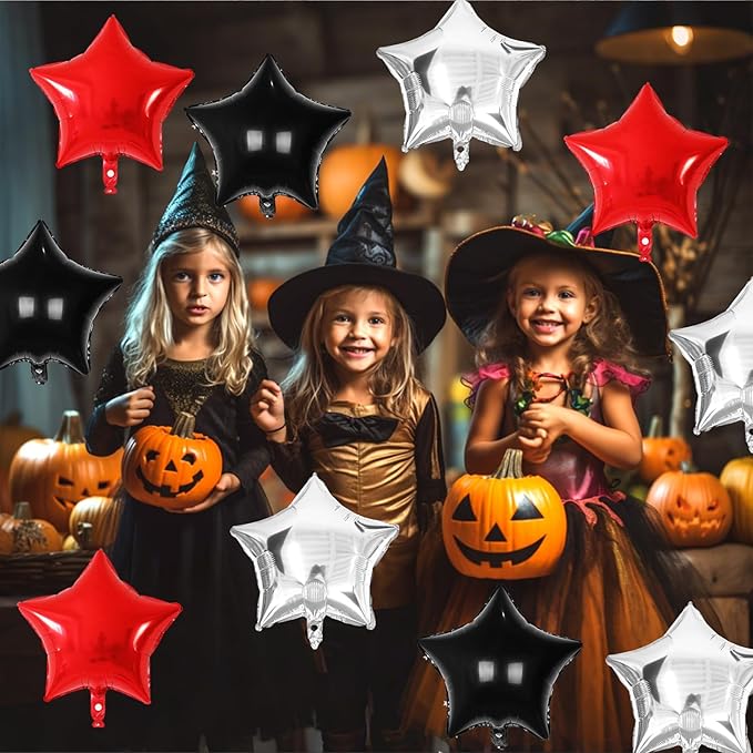 Black Red Star Balloons, 18 Inch 12Pcs Black Red and Metallic Silver Star Shape Foil Balloon, Large Helium Pentagram Balloons for Kids Birthday Casino Racing Car Poker Theme Halloween Party Decor