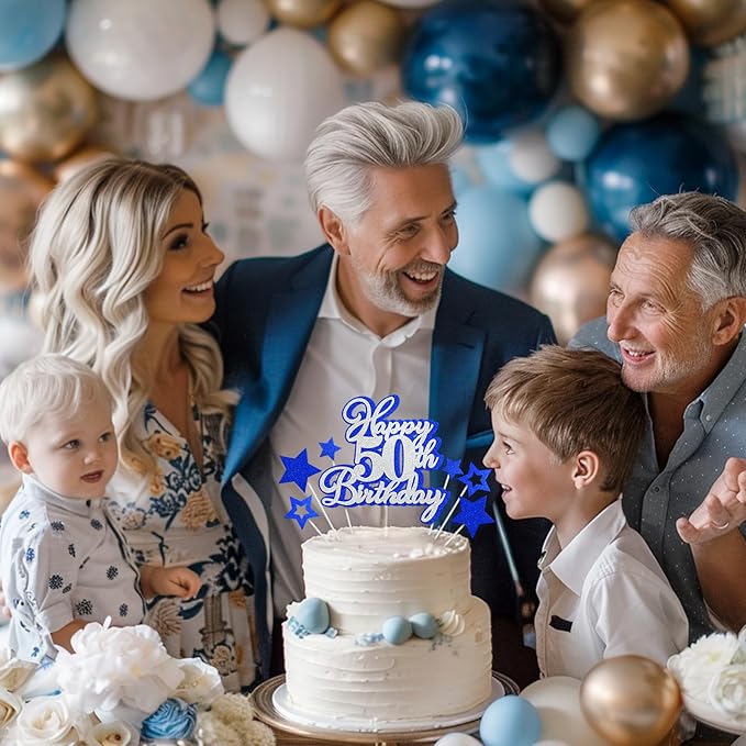 Happy 50th Birthday Cake Topper 50 Birthday Cake Decorations, Happy 50th Birthday Anniversary Party Cake Decorations for Men Women, Blue Silver Glitter