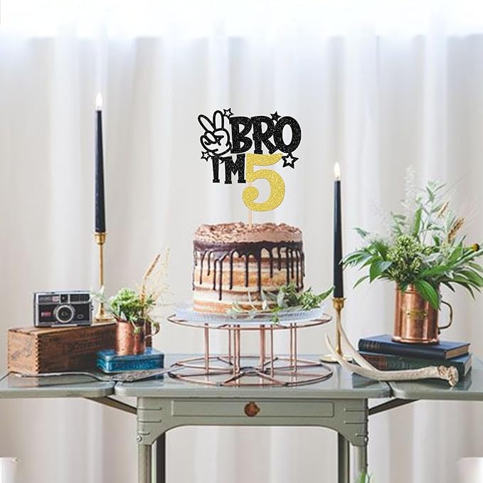 1 PCS Brother I'm 5 Cake Topper Glitter Star Happy 5th Birthday Cake Pick Bro I'm 5 Cake Decoration It's My 5th Birthday Decorations for Boys Cheers to 5 Years Old Birthday Party Supplies Gold