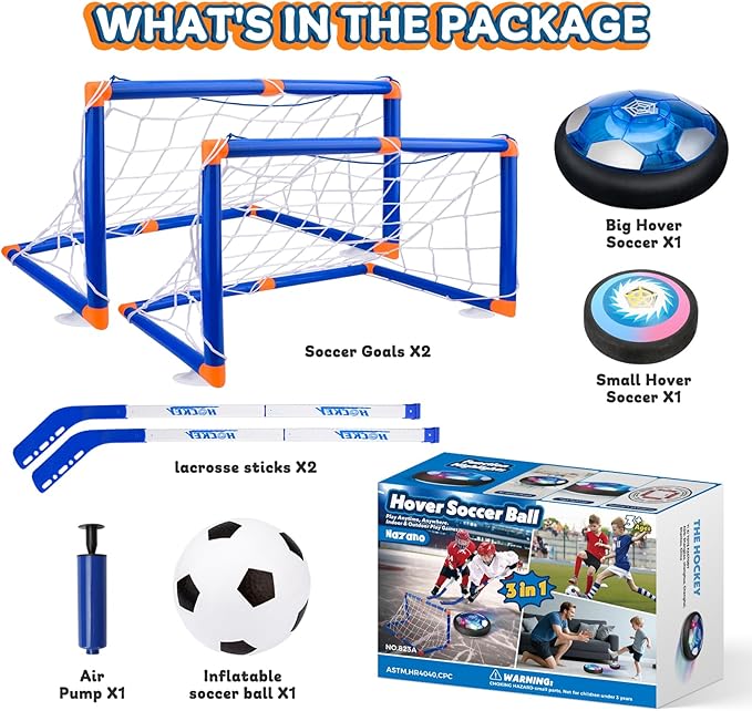 3-in-1 Hover Soccer Ball, Kids Toddler Hockey Set with LED Lights,Indoor Outdoor Toys for Kids, Soccer Gift for Boys 6-8 8-12, Birthday,Kids, Boys Girls Age 6, 7, 8, 9, 10, 11, 12