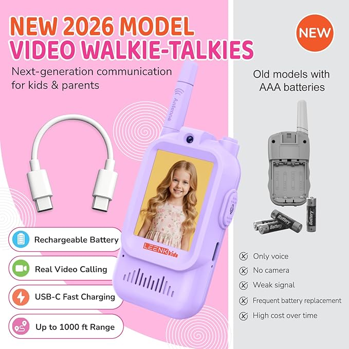 LEENK Video Walkie Talkies for Kids 2 Pack – Rechargeable Video Intercom Handheld, Indoor & Outdoor Range, Easy Use for Ages 3-12, Eco ABS, Clear Voice & Long Distance Communication (Pink & Purple)