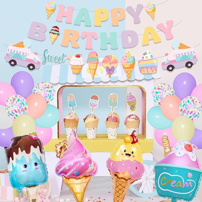75Pcs Ice Cream Birthday Party Decorations for Girls Kids, Pastel Ice Cream Balloon Garland Arch Kit First Two Sweet Birthday Banner Foil Sprinkle Long Twist Balloons Cupcake Toppers Party Supplies