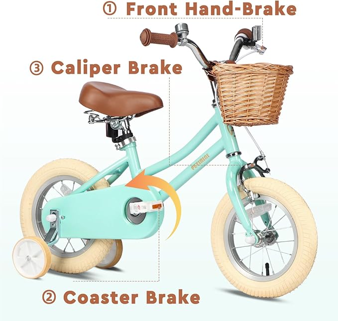 Petimini Vintage Kids Bike for Girls, 12–20 Inch Classic Bicycle with Wicker Basket & Bell, High Tensile Steel Frame, Training Wheels (12–18”), 85% Pre-Assembled, Retro Bike for Outdoor Riding