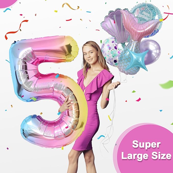 Mermaid Birthday Decorations 40 Inch Giant 5 Years Old Foil Balloons Kit for Girls Under The Sea Theme Party 21Pcs Balloons for Birthday Anniversary Baby Shower Party Decorations Supplies