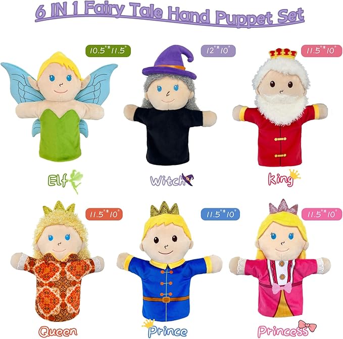 6 PCS Puppet Set 12 Inch, Fairy Tale Members Elf Plush Puppets Toddlers Princess Hand Puppet for Kids Ages,Soft Puppets for Storytelling Teaching Preschool Role Play Puppet Toy for Boy Girls