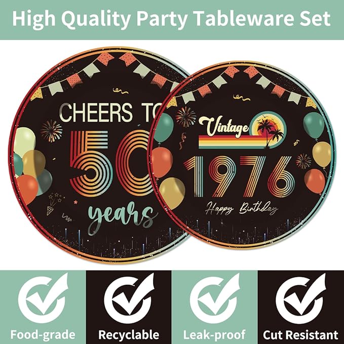 96Pcs Vintage 50th Birthday Decorations Tableware Set Back in 1976 Paper Plates Napkins Forks Cheers to 50 Years Disposable Tableware Decor for Women Men 50th Birthday Party Favor Serve 24 Guests