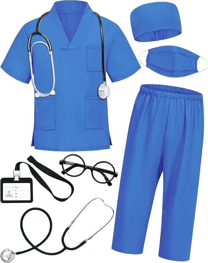 ICECUTE Doctor Costume for Kids Scrubs with Accessories,7Pcs Toddler Halloween Costume for Boy Girls,3-11 Years