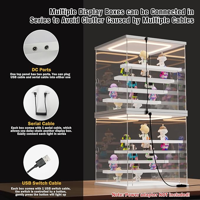 Nynelly Acrylic Lighted Display Case for Collectibles, 5 Tier Figure Display Box with Door and Steps, Assemble Dustproof LED Showcase Storage Box for Mini Figures, Funko Pop, Toys, White