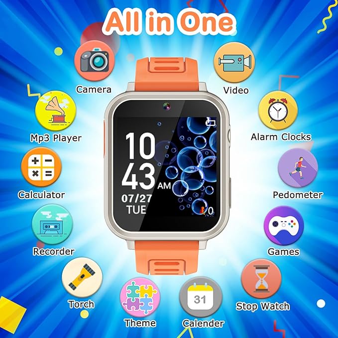 Cosjoype Kids Smart Watch Girls Gifts Age 5-12, 24 Puzzle Games HD Video Camera Music Player Storybook Pedometer HD Flashlight 12/24hr Touchscreen Kids Watch with Screen Protector