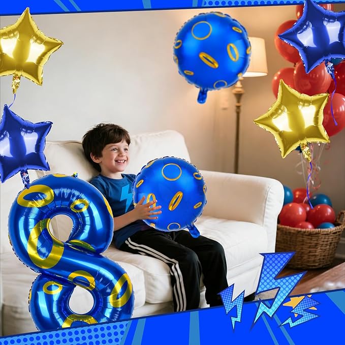 40 Inch Blue and Golden Ring Themed Number Balloon, Number Block Foil Number 8 Balloons Large Big Numbers Helium Balloon for Girls Boys 8th Birthday Theme Party Decorations (Number 8)