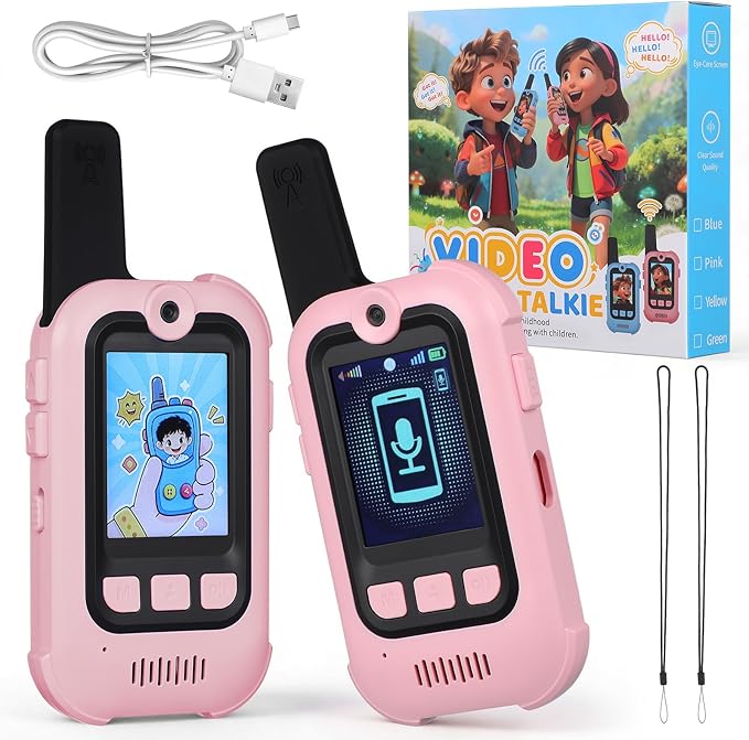 Video Walkie Talkies for Kids with Real-Time Screen & Voice Changer, 1000FT Long Range Kids Walkies Talkies, USB-C Rechargeable & Cute Stickers, Outdoor Toys for Family Games, Camping, Hiking