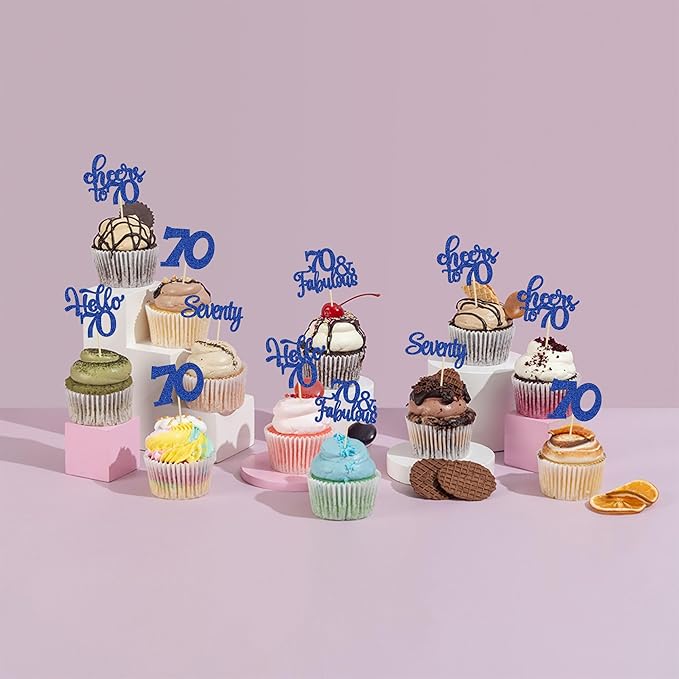 30Pcs Happy 70th Birthday Cupcake Toppers Seventy Cheers to 70 Years Old Birthday Cupcake Picks for 70th Birthday Anniversary Party Cake Decorations Supplies Deep Blue Glitter